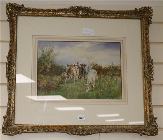 Walter J. Moreby, watercolour, Cattle in a meadow, signed, 26 x 37cm